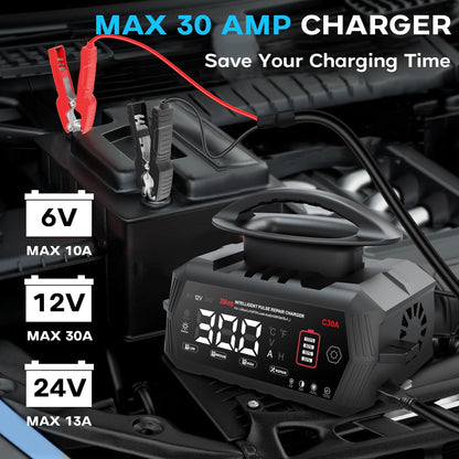 Autoacculader – Acculader – Batterijlader – Oplader – 30A Multi-Volt – Intelligent Laden Met LCD-Display – Herstelmode Voor Loodzuuraccu’s