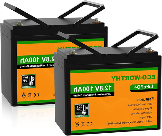 ECO-WORTHY LiFePO4 12 V 200 Ah battery (2 packs of LifePO4 100 Ah), lithium battery 12 V with more than 3000 deep cycles and BMS protection for motorhome, camping, solar installation, solar panel set - QUORE