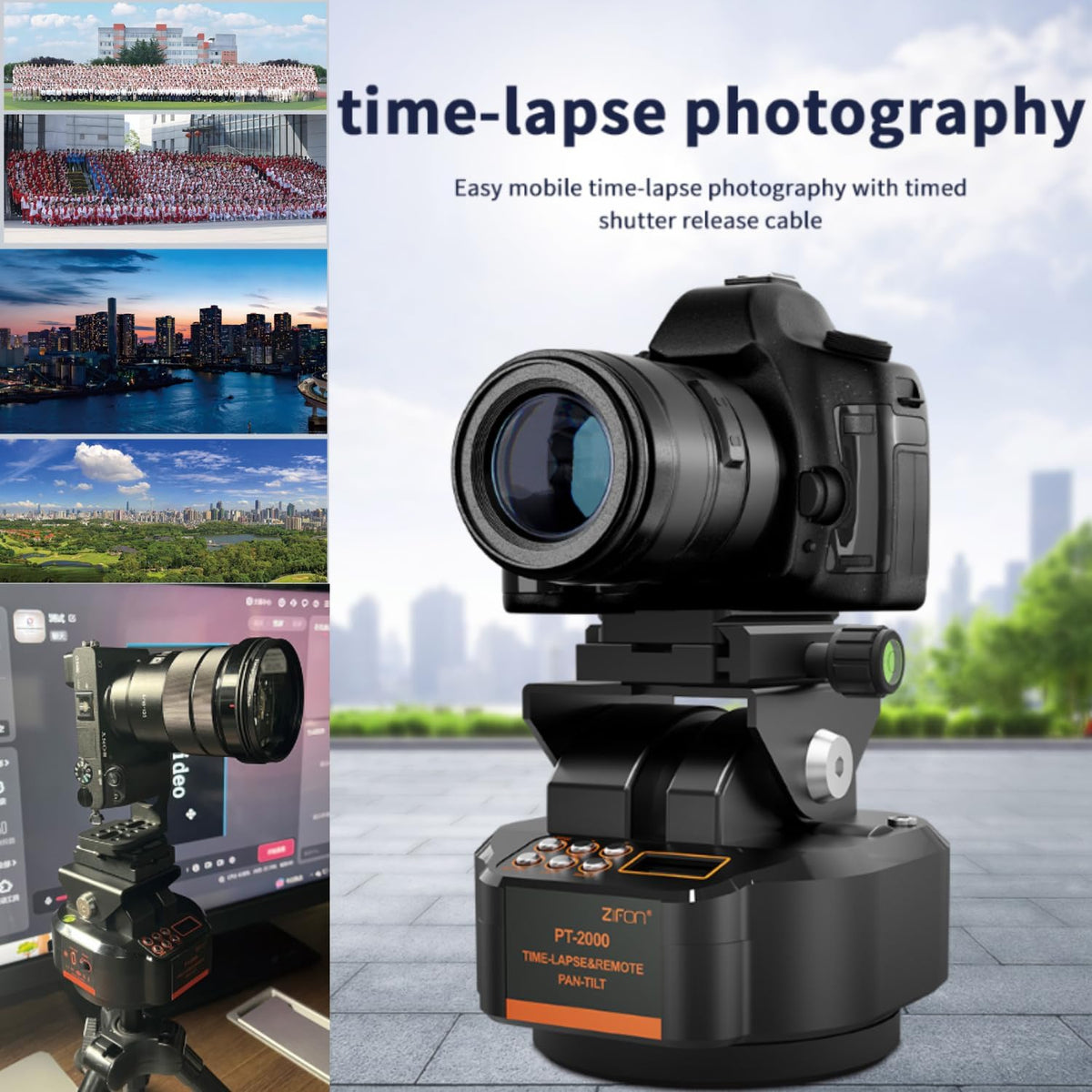 Zifon PT2000 – gemotoriseerde 360° panoramakop met draadloze afstandsbediening (2,2 kg draagkracht) – elektronische zwenk-kantelstatiefkop voor DSLR, smartphone en video