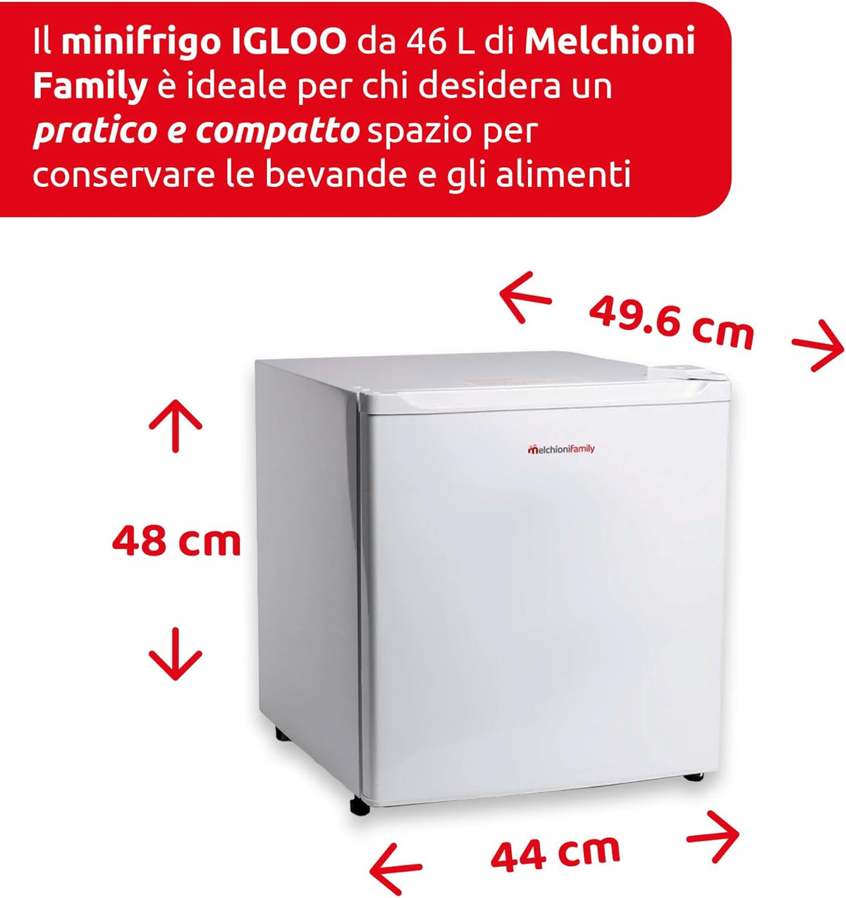 Melchioni Family Mini-koelkast met compressor, model Igloo, totale capaciteit 46 liter, met extra koude minicellen, klasse E, kleur: wit, 44 x 48 x 49,60 cm