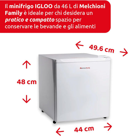 Melchioni Family Mini-koelkast met compressor, model Igloo, totale capaciteit 46 liter, met extra koude minicellen, klasse E, kleur: wit, 44 x 48 x 49,60 cm