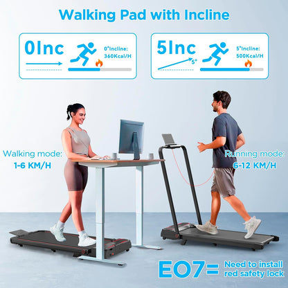 Loopband voor thuis met helling, 2-in-1 Walking Pad, inklapbaar loopband met helling, 2.5HP Onder bureau bureauloopband voor thuis & kantoor, afstandsbediening, Geen installatie (1-12 KM/H)