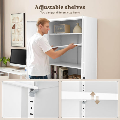 Steel Storage Cabinet, Steel Filing Cabinet with Lock, 4 Adjustable Shelves, Double Doors, Multifunctional Tool Cabinet for Study Room, Garage, White