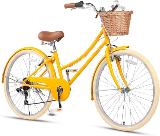 Glerc Missy Cruiserfiets, hybride stadsfiets met 6 Shimano-versnellingen, voor jeugd vanaf 6 jaar, 20, 24 en 26 inch wielen, met rieten mand, lichtgewicht, meerdere kleuren