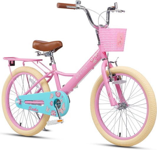 Glerc Meisjesfiets, 12 - 20 inch kinderfiets voor kinderen van 2, 3, 4, 5, 6, 7, 8, 9, 10, 11, 12, 13 jaar, kinderfiets met poppenzitje, mand, steunwielen en fietsstandaard