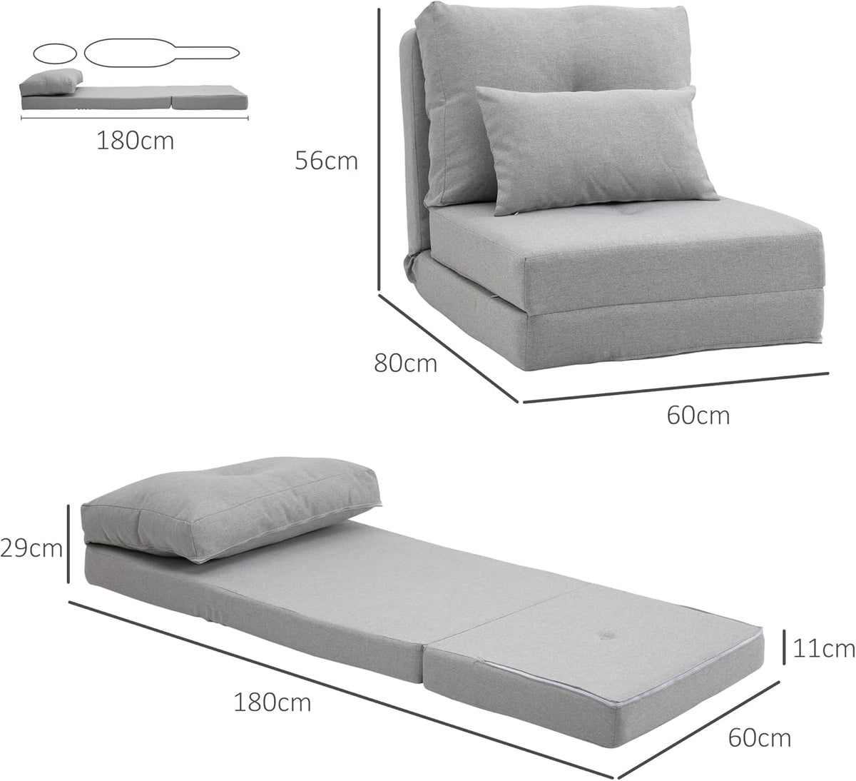 HOMCOM Bodensessel 2-in-1 Klappbett mit verstellbarer Rückenlehne Bodensofa mit Zierkissen, Bodensitzkissen für Wohnzimmer, Schlafzimmer, Leinen, Grau - QUORE