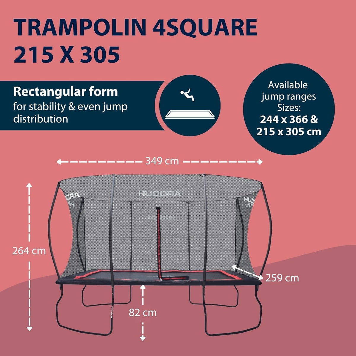 HUDORA Trampoline 4square – 244 x 366/215 x 305 cm grote, rechthoekige outdoor trampoline – rechthoekige sporttrampoline voor maximaal 120 kg – familietrampoline met hoge veerkracht – hoogwaardige