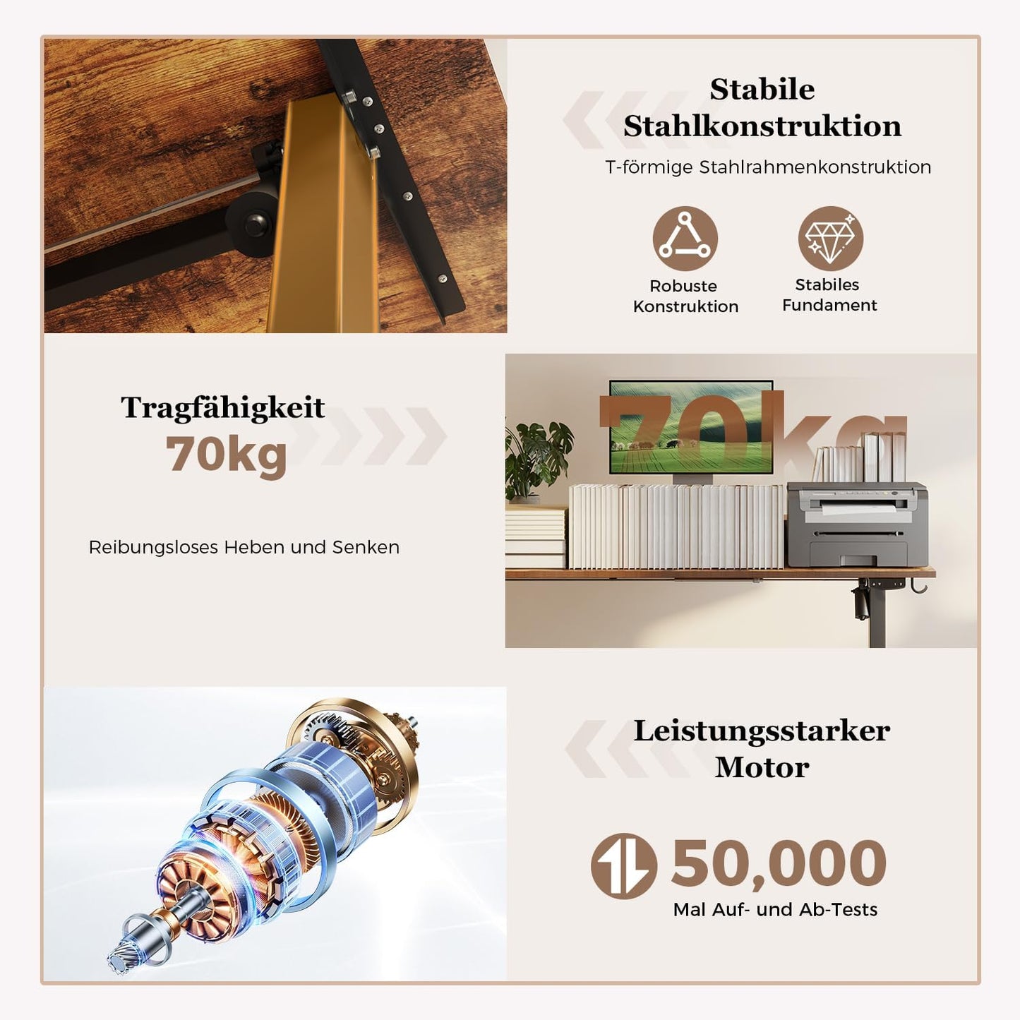 Klicelor Verstelbaar Bureau in Hoogte met Dubbele Lades, Elektrisch Verstelbaar Bureaux in Hoogte, Ergonomisch Sta bureau, 140x60, Bruin