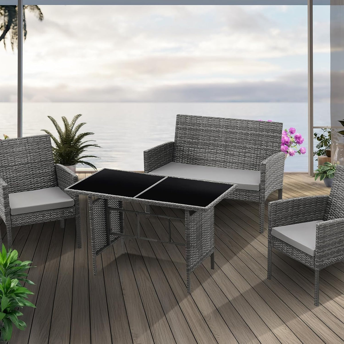 SVITA Brooklyn XL Poly Rattan Dining Set Lounge Set Garden Furniture Set Dining Table Grey - QUORE