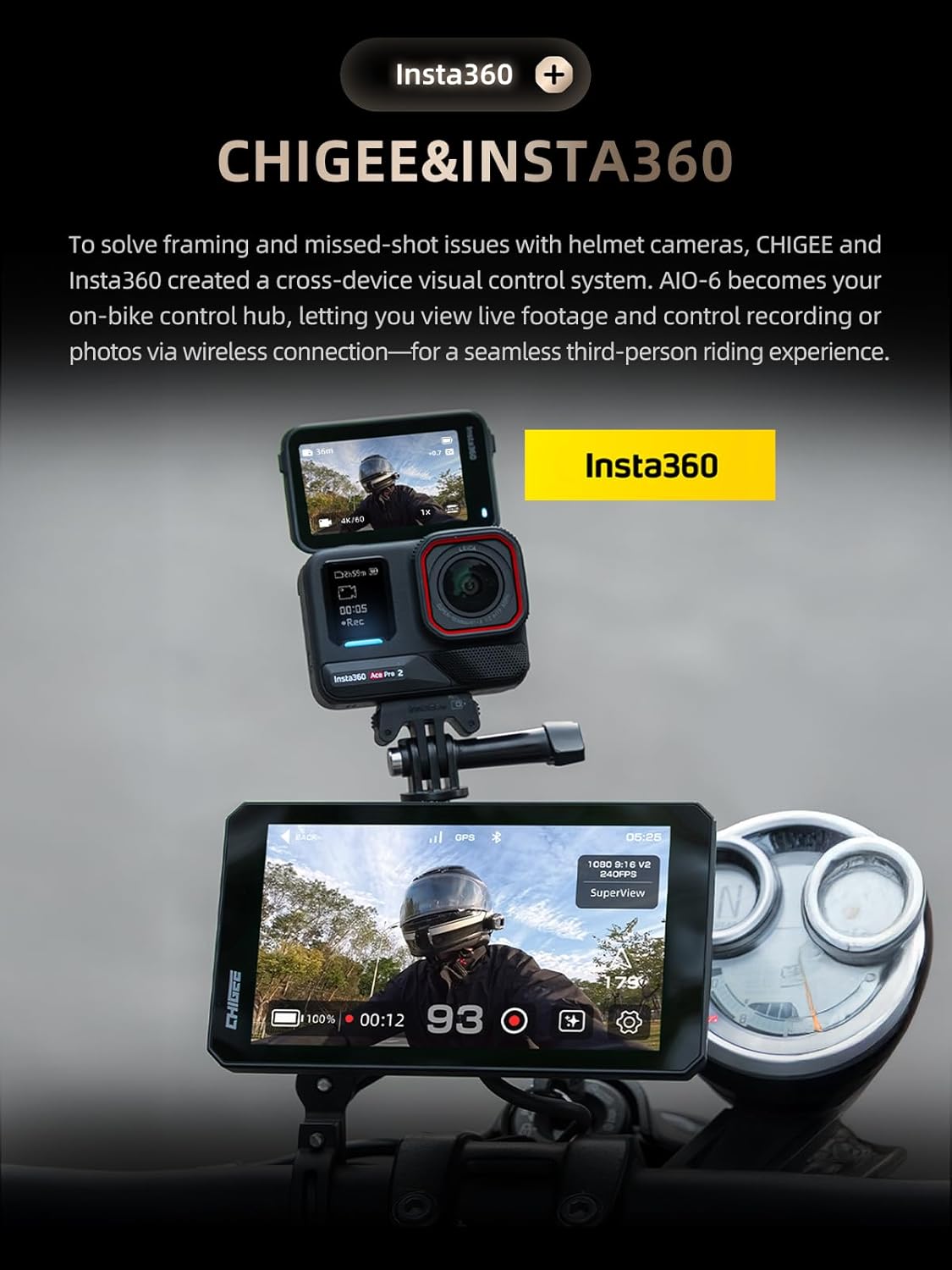 CHIGEE AIO-6 LTE 4G Motorfiets GPS Navigatie met 6 inch Display, Motorfiets Carplay Android Auto, Real-time waarschuwingen, Elektronische omheining, IP9X Waterdicht