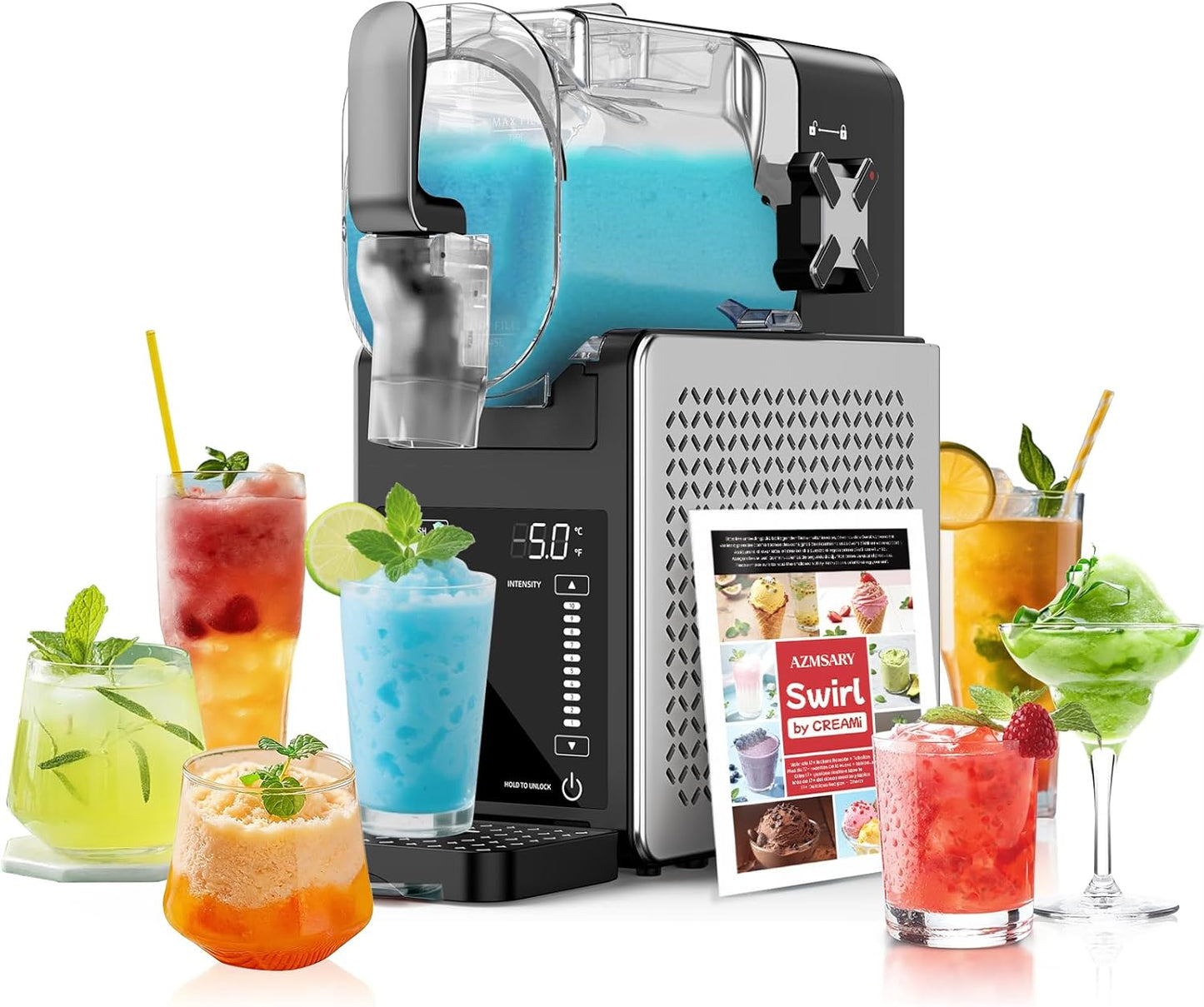 Slush-machine – 2,5 l slushie-machine, geen ijs nodig, met led-display, 6 vooraf ingestelde programma's voor margaritas, frappés, milkshakes, bediening met één knop