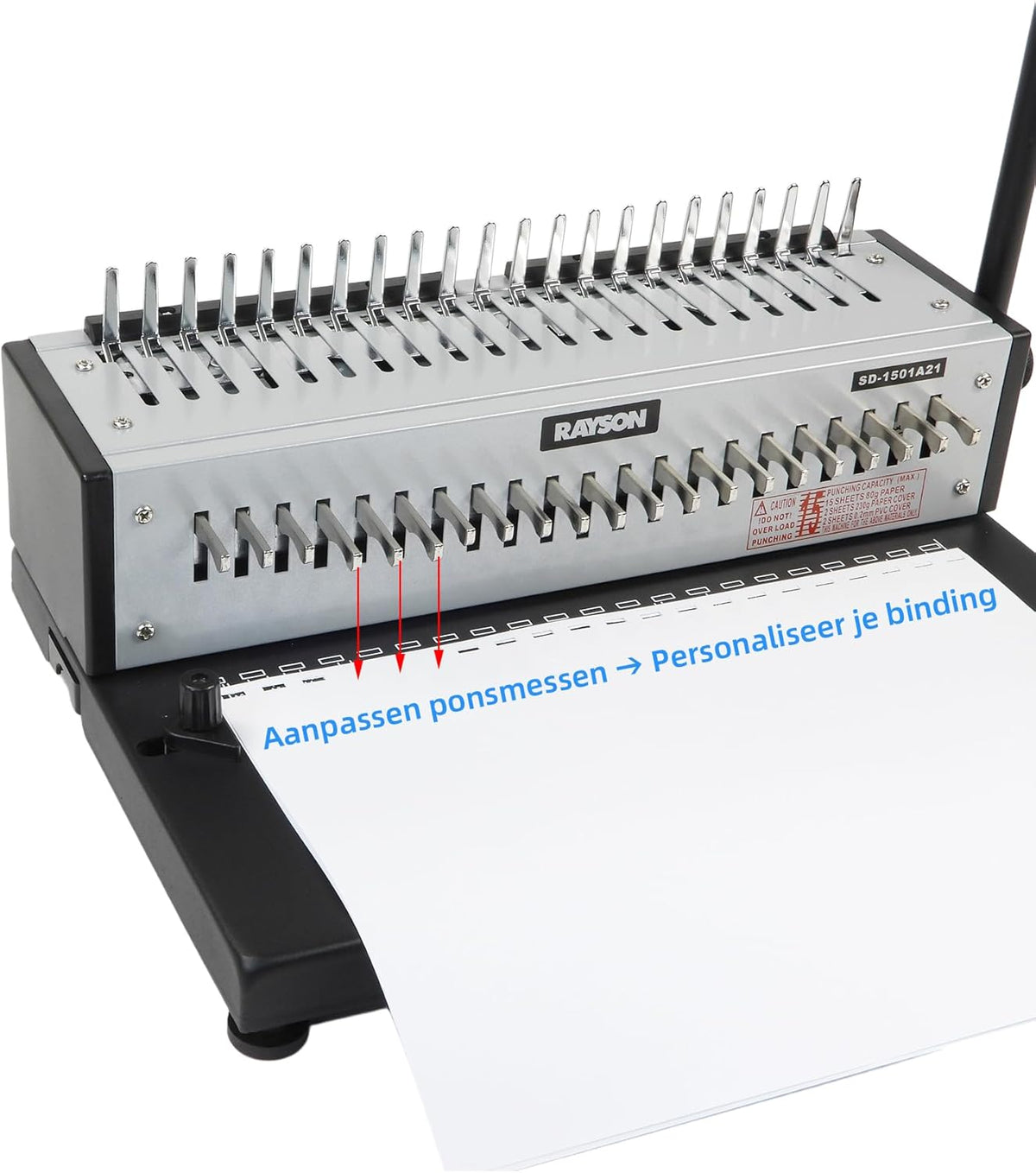 RAYSON SD-1501A21 Plastic kambindmachine, 21 gaten, perforeert 12 A4-bladzijden, bindt tot 200 pagina’s, Aanpasbaar ponsmes