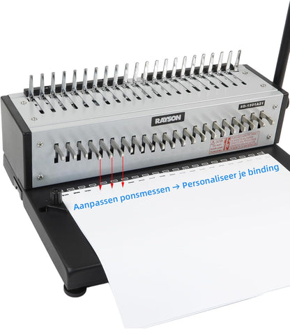 RAYSON SD-1501A21 Plastic kambindmachine, 21 gaten, perforeert 12 A4-bladzijden, bindt tot 200 pagina’s, Aanpasbaar ponsmes