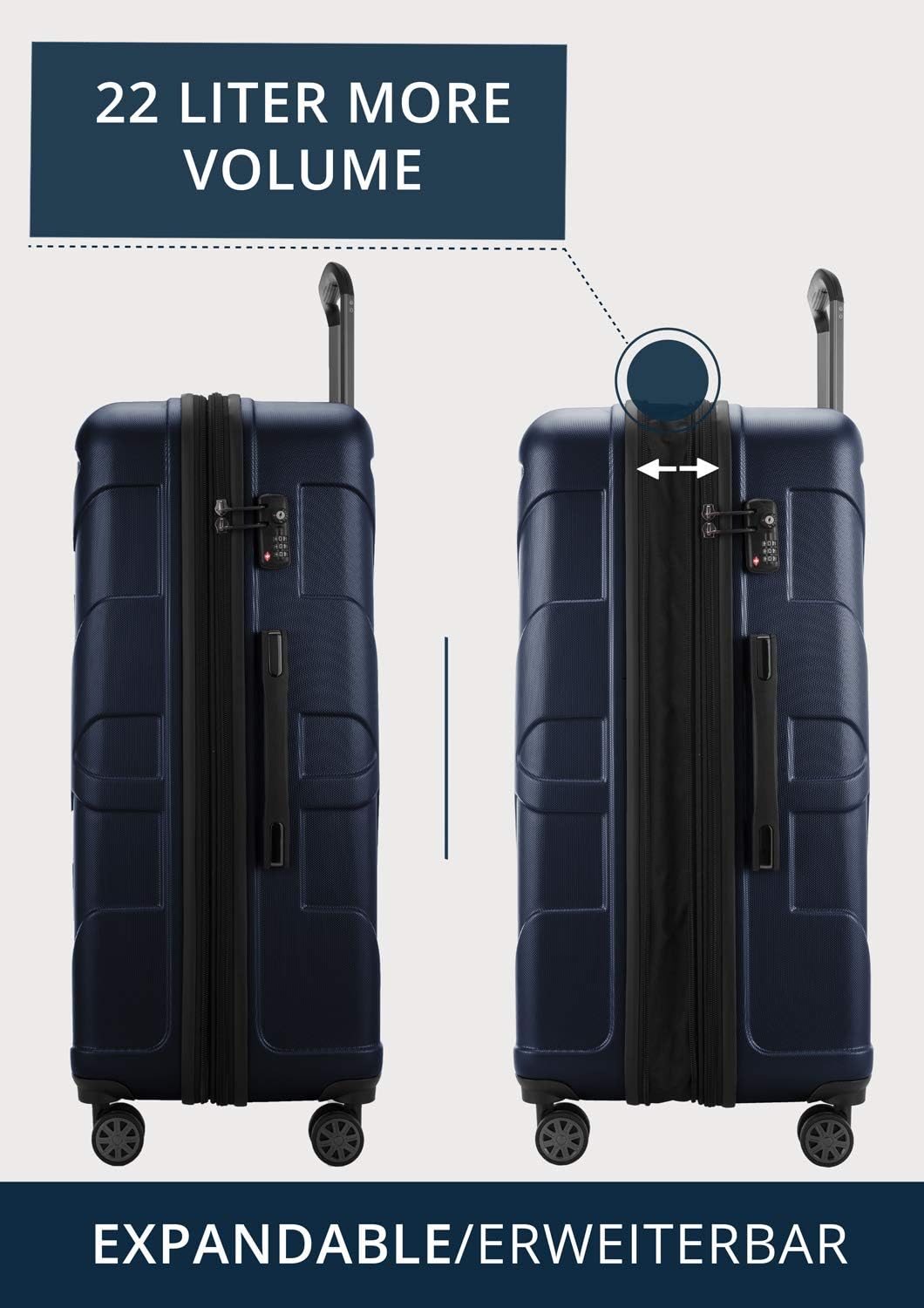 Suitline Grote koffer 76 x 53 x 31 cm ABS harde schaal uitbreidbaar (96-110 L) met TSA slot 4 dubbele wielen telescopische handgreep trolley, Donkerblauw