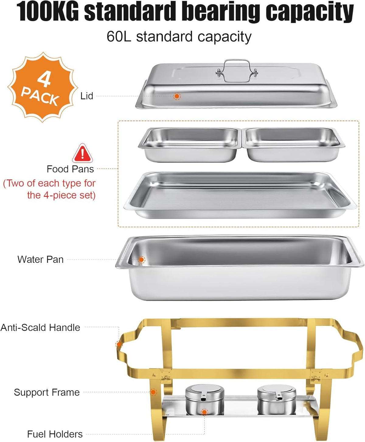 Chafing Dish Buffet Set 9L [Elegant Goud en Zilver], 4-Pack Gouden Chafing Dishes voor Buffet [Afgeronde Rand Design], RVS Voedselwarmer voor Catering Buffet en Alle Feesten
