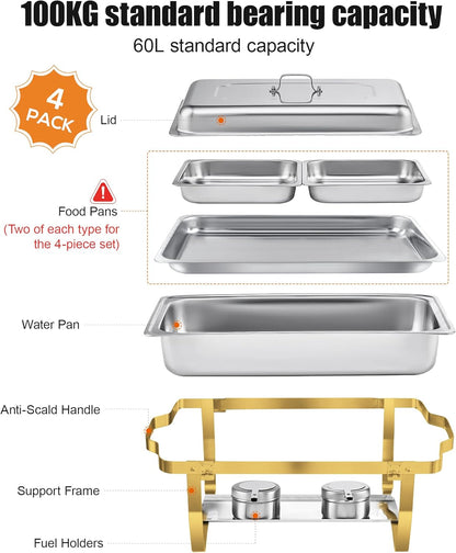 Chafing Dish Buffet Set 9L [Elegant Goud en Zilver], 4-Pack Gouden Chafing Dishes voor Buffet [Afgeronde Rand Design], RVS Voedselwarmer voor Catering Buffet en Alle Feesten