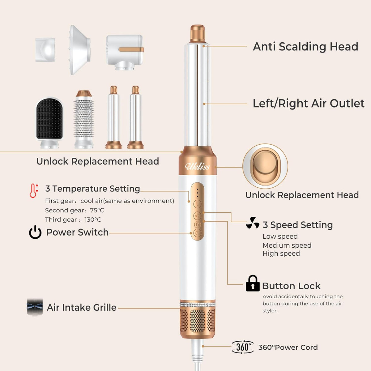 Haarföhn airstyler UKLISS haarstyler & ionen-haardroger Pro7 in 1, haarstyler set met airflow krulborstel, automatisch, ronde borstelföhn, airbrush haarstyler, thermische borstel, multistyler