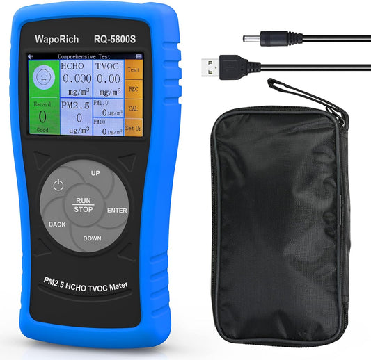 3-in-1 luchtkwaliteitsmonitor RQ-5800S, formaldehyde-detector, TVOC, HCHO-monitor voor het testen van PM2,5, PM10, HCHO, TVOC, USB-oplaadbaar, voor binnen, buiten, slaapkamer