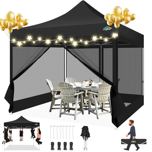 COBIZI Paviljoen, 3x3, vouwpaviljoen, waterdicht, stabiel, partytent, tuinpaviljoen, uv-bescherming met 4 zijwanden van mesh, zwart