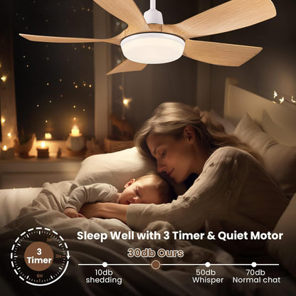 Newday Plafondventilator van hout, 106 cm, plafondventilator met licht en stille afstandsbediening, dimmer, DC-motor, 5 bladen, geheugenfunctie voor woonkamer en slaapkamer
