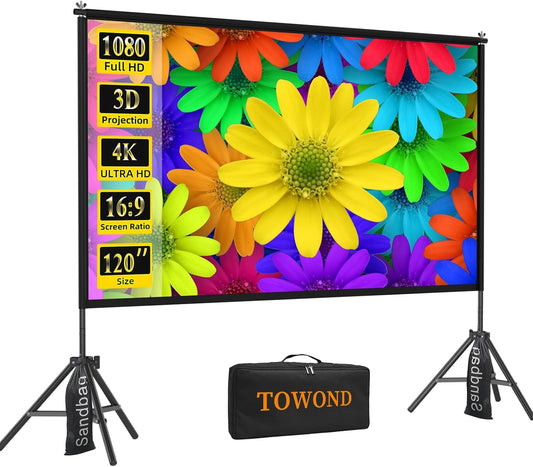 TOWOND 120 inch projectorscherm en standaard, 16:9 HD draagbaar verstelbaar projectiescherm voor binnen en buiten, projectiescherm voor en achter, draagtas inbegrepen voor thuis, tuin en camping