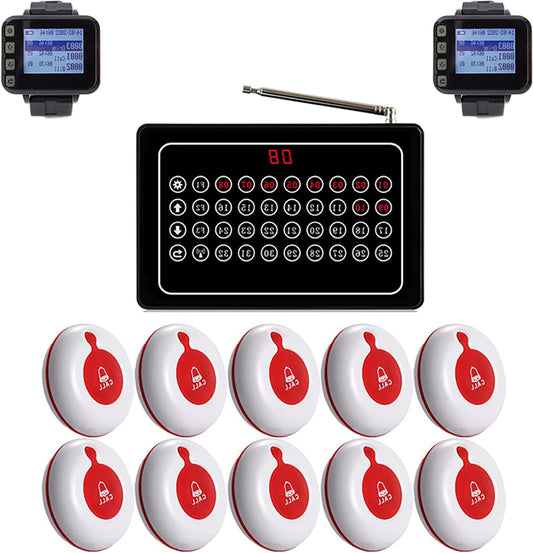 Caregiver Pager Wireless Caregiver Call Button-Wireless Calling System for Restaurant Hospital Clinic Nursing Home10 Portable Transmitters 1 Plugin Receivers 2 Watch Receiver - QUORE