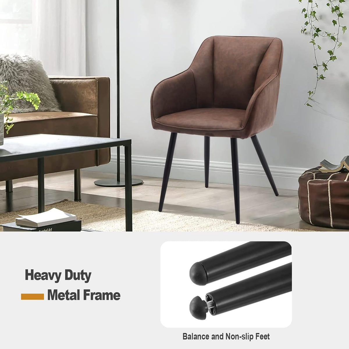 TUKAILAI Eetkamerstoelen, set van 2 met armleuningen, kunstleer, gestoffeerd, rugleuning, metalen poten, loungeontvangst, eetkamer, keuken, woonkamer, 2 stuks, bruin