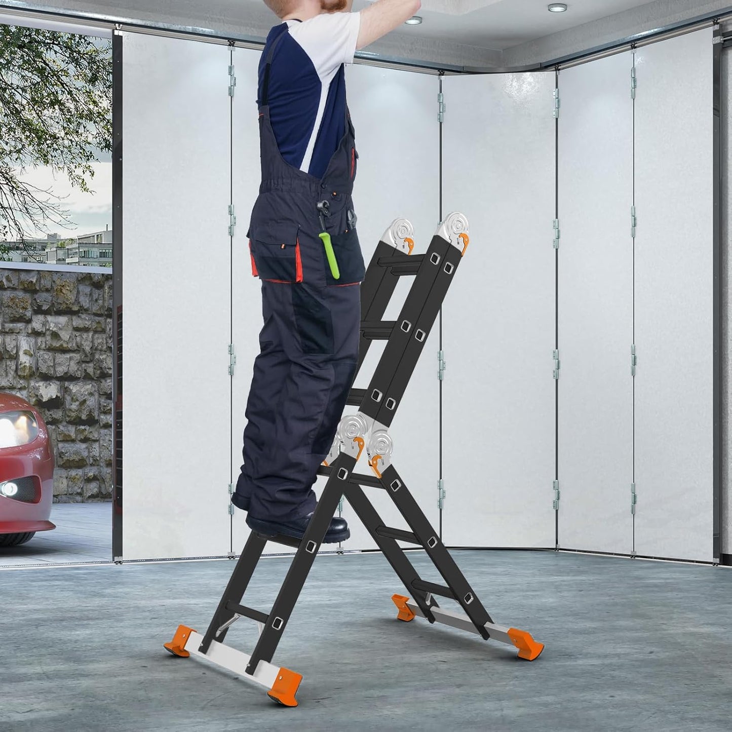 AMHANCIBLE Multifunctionele ladder, 3,4 m aluminium ladder, 4 x 3 treden, trapladder, huishoudladder, tot 150 kg, 12 treden, TÜV/GS-gecertificeerd, antislip, stabiel en robuust, Zwart Oranje EBAL01RN