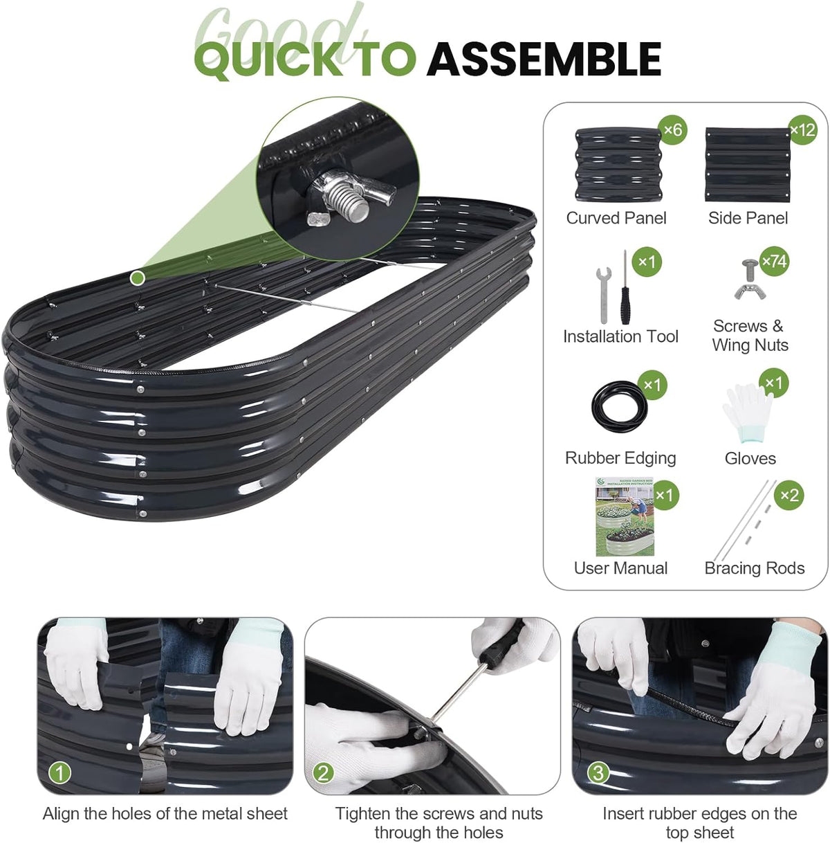 Galvanized Metal Raised Garden Bed Kit - 8x2x1ft Outdoor Planter with Safety Edges & Gloves for Vegetables, Fruits, Flowers.Grey-2pcs - QUORE
