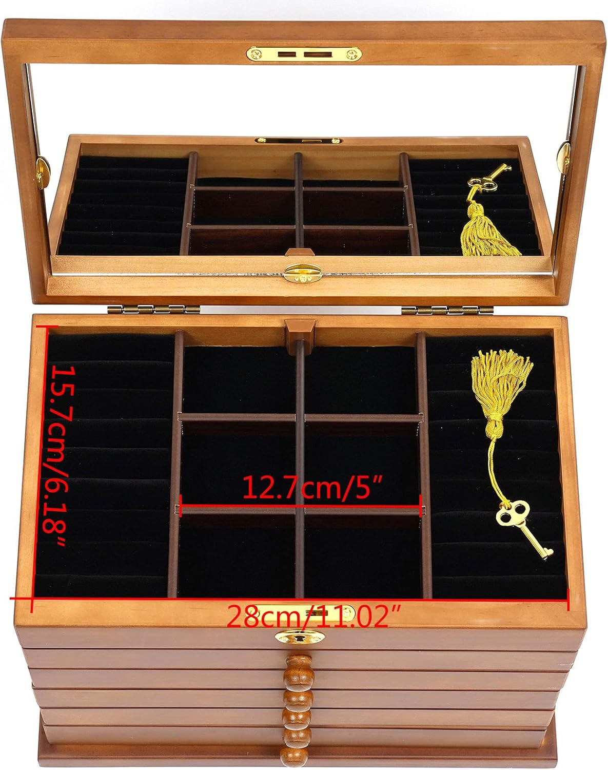 OUKANING 6 Layers Jewelry Box Wood Vintage Jewelry Box with Drawers, High Quality Hinges and Refined Handles, Freestanding Jewelry Box, Gift (Brown, With Mirror+Key Lock) - QUORE