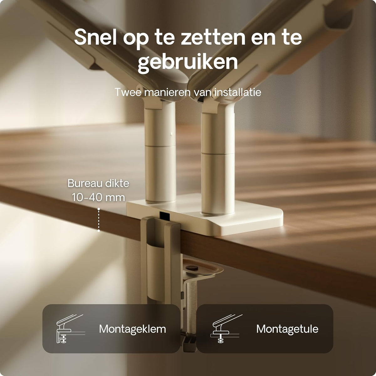 Desktronic Dual Monitor Bracket, Up to 34" & 8kg, 360° Rotation, Height Adjustable, Sturdy, Easy Installation, For Large Screens, Ergonomic Design, Compatible with All VESA 75/100, White - QUORE