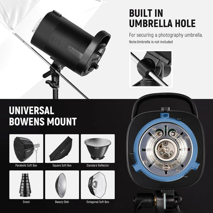 NEEWER 800Ws Studio Monolight Strobe Flash Set: S101-400W PRO 5600K flitslicht Studio met 2,4G trigger/150W instellamp/Bowens Mount/softboxen/standaard/reflector/tas, compatibel met QPRO