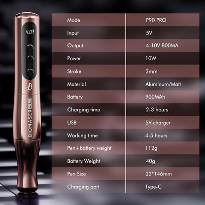 Biomaser P90 PRO Semi-permanente make-upmachine, draadloze en bekabelde make-upmachine voor wenkbrauwen, eyeliner en lippen (roségoud)