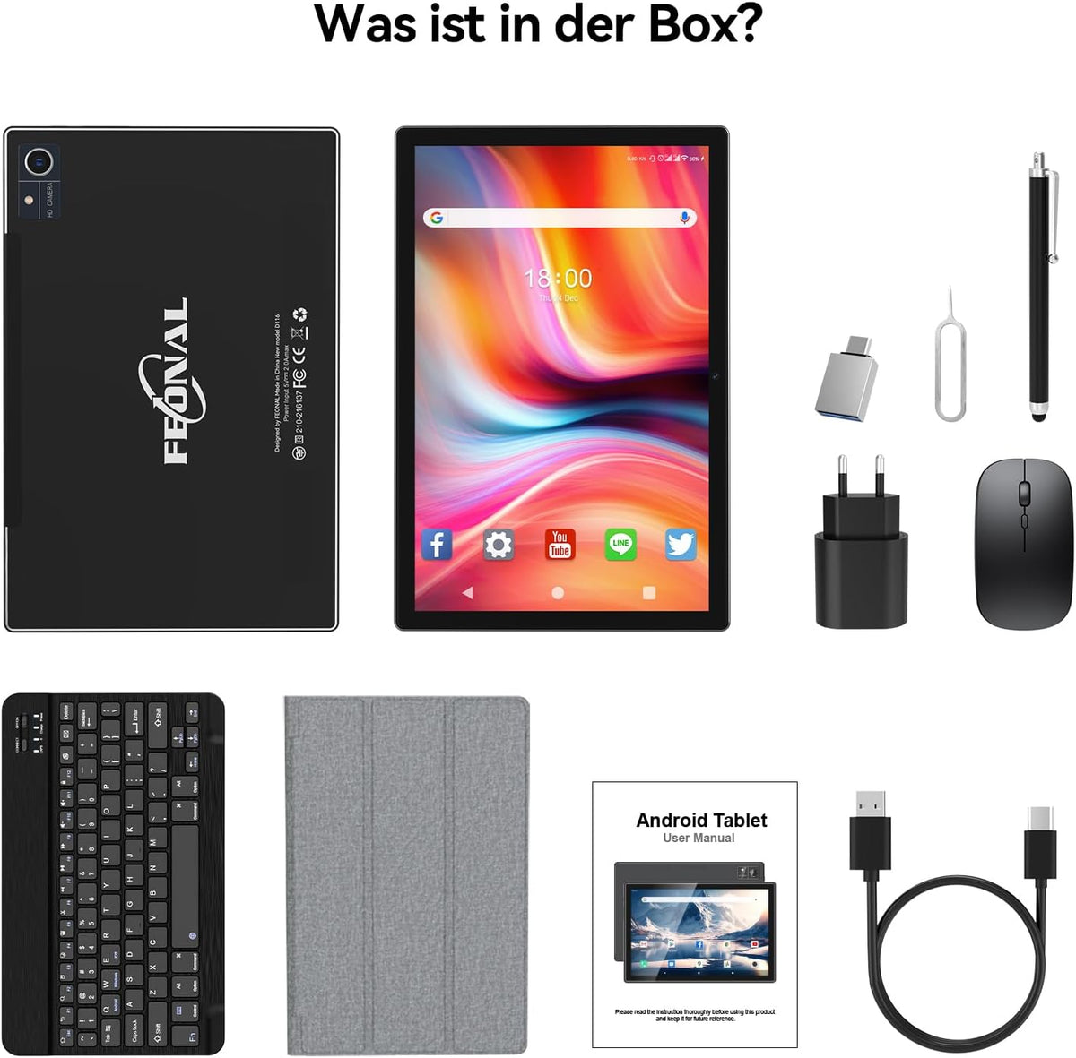 FEONAL Tablet 10 inch met 16 GB RAM + 128 GB ROM (1TB TF)