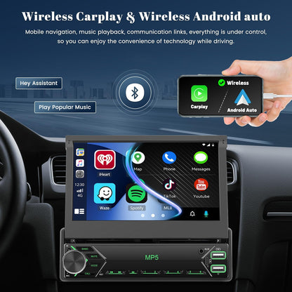 Draadloze CarPlay autoradio, 1 Din met uittrekbaar scherm, handmatig, 7 inch touchscreen, Android autoradio met bluetooth, stereo, autoradio, ondersteuning, FM AUX USB-achteruitrijcamera