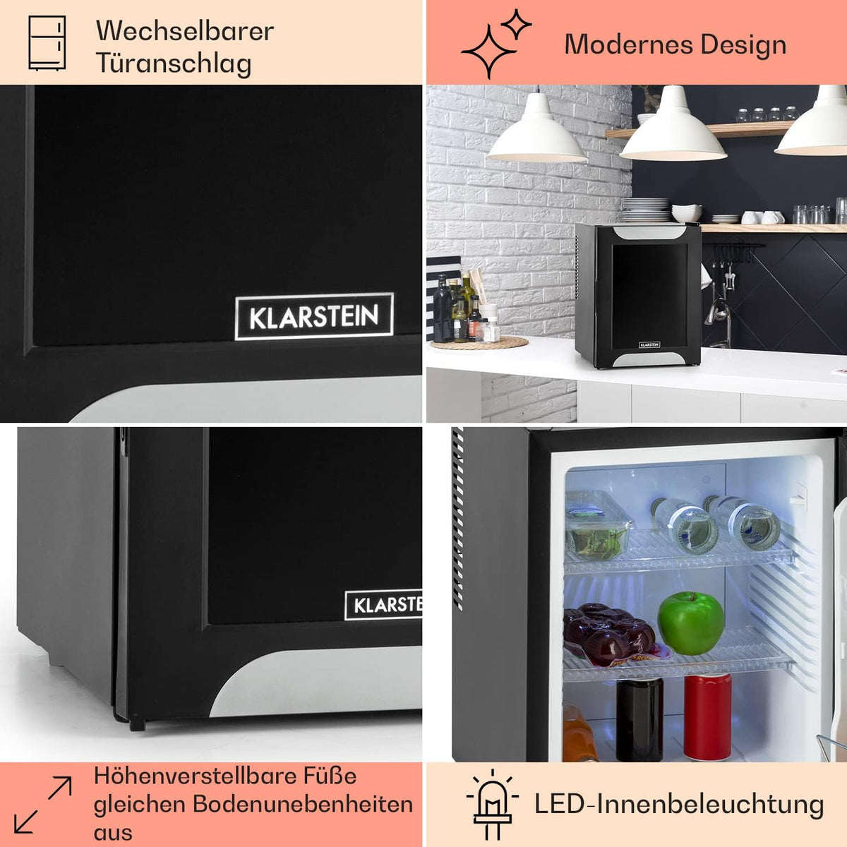 Minikoelkast – Minibar – Drankkoeler – Koelkastje – Kleine Koelkast – 32 Liter – Fluisterstil 33 dB – LED Binnenverlichting – 5-Traps Temperatuurregeling – Zwarte Decoratieve Deur