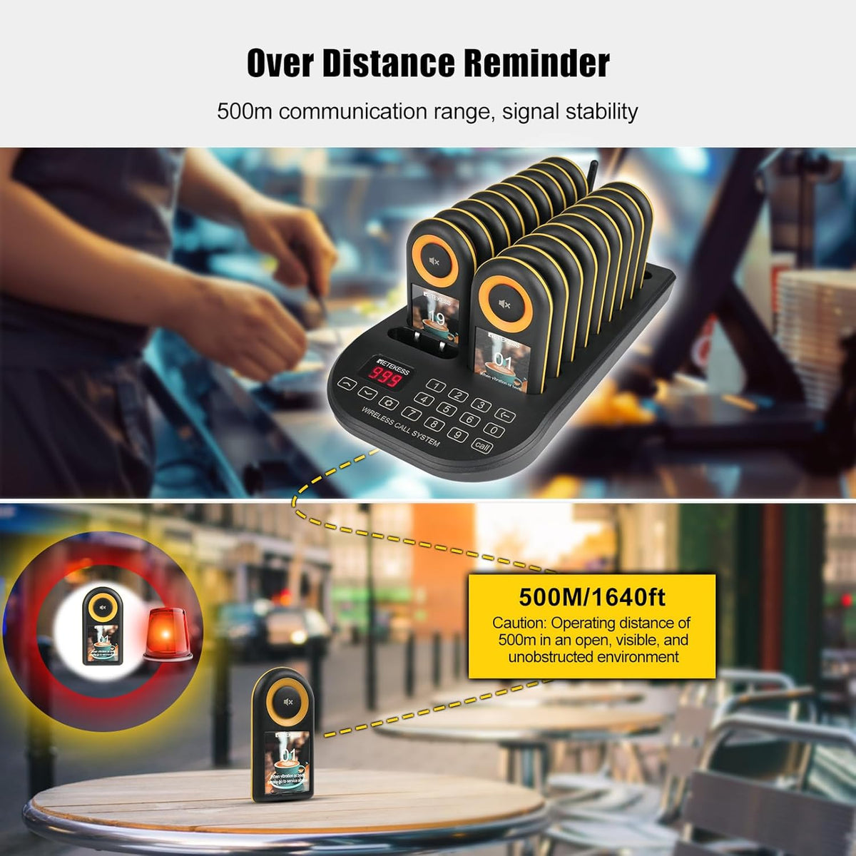 Retekess TD169 Call System Restaurant, Pager System, 500M, Alarm Outside Range, 7 Ringtones, 31 Prompt Modes, 24 Hours Stand By Time, IP67, Calling System Pager for Cafe, Bars, Hotel (20 Pagers) - QUORE
