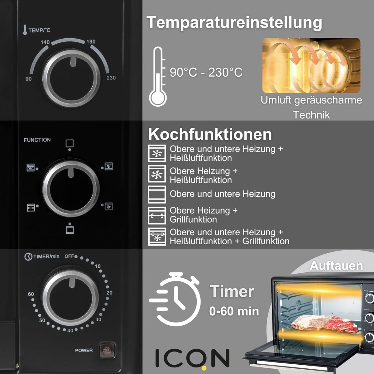 ICQN 50 liter mini oven | 1400 W | Circulerende lucht | Pizzaoven | Dubbele beglazing | Braadspit | Timer | Inclusief bakplaten set | Elektrische mini-oven | 40 ° -230 ° C | Geëmailleerd | zwart