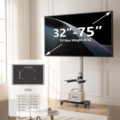 Proton 300 Mobiele tv-standaard met plank, stopcontacten, USB-poorten, hoogte 191 cm, portretformaat 32-75 inch, 40 kg, aluminium zwart