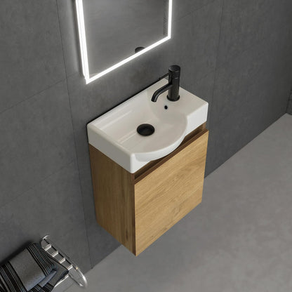 Alpenberger Bathroom Furniture Set, Guest Toilet Sink with Base Cabinet, Bathroom Cabinet for Small Bathrooms, LED Mirror with Light, Basin Cabinet Oak Nature + Left Sink - QUORE