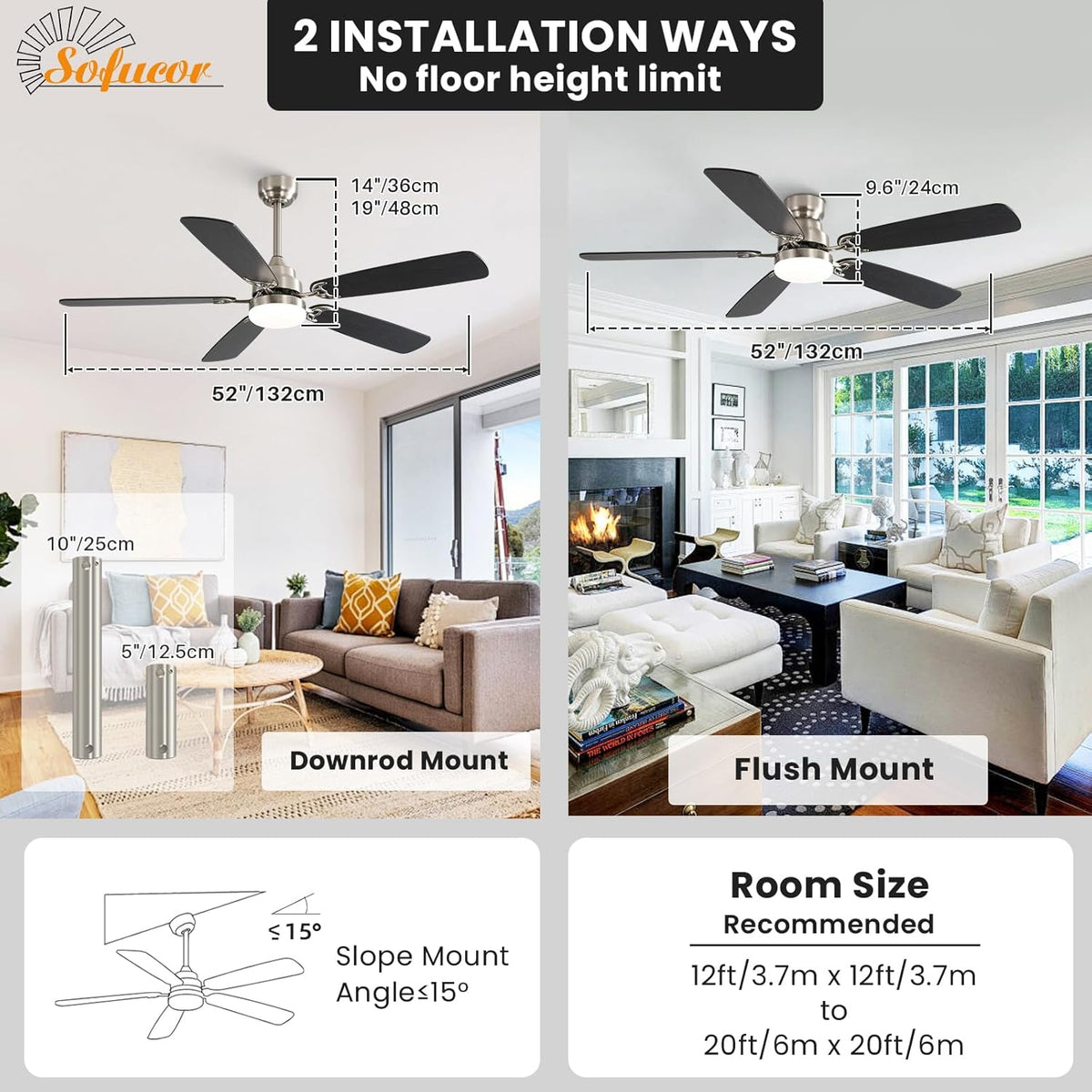 Sofucor Plafondventilator met licht, 132 cm, dimbaar, led-plafondventilator, afstandsbediening, 6 snelheden, stil, DC omkeerbaar, timer voor slaapkamer