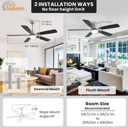 Sofucor Plafondventilator met licht, 132 cm, dimbaar, led-plafondventilator, afstandsbediening, 6 snelheden, stil, DC omkeerbaar, timer voor slaapkamer