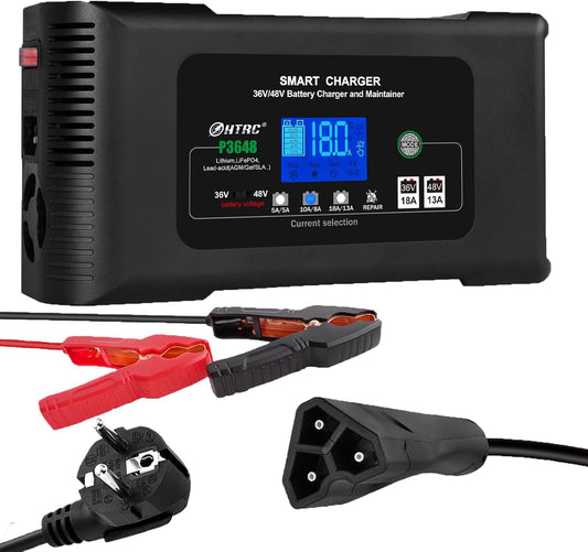 Acculader – Autoaccu Lader – Druppellader – Onderhoudslader – Batterijlader – Slimme Snelle Oplader – 9-Traps Ontzwaveling – 36V 18A & 48V 13A Laadvermogen