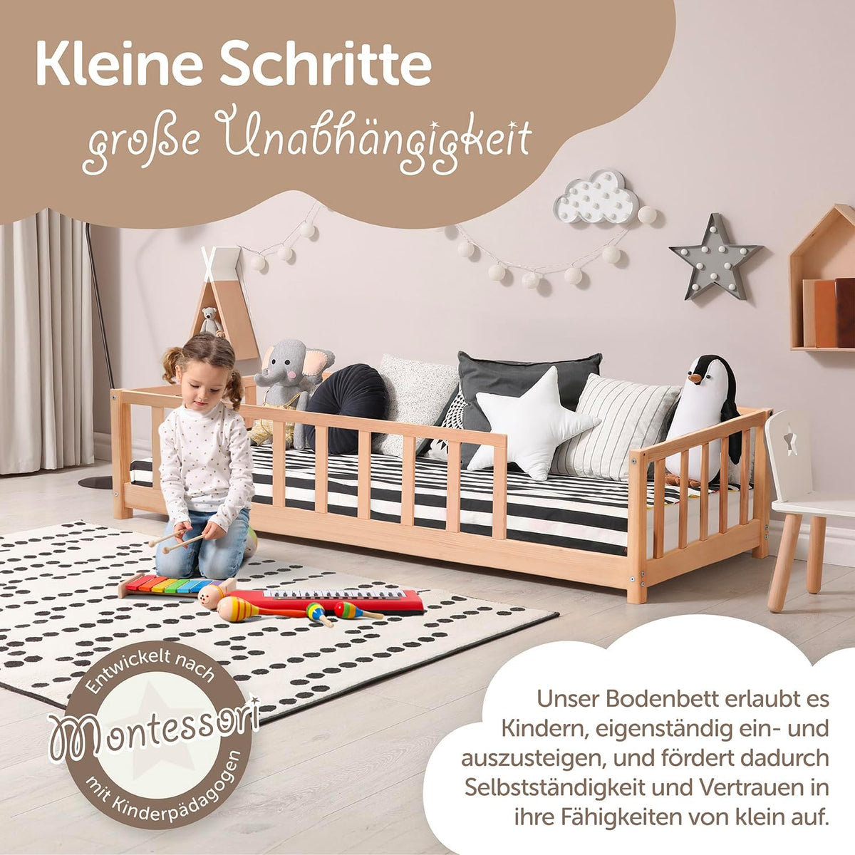 Vloerbed 140x200 met valbescherming incl. lattenbodem voor jongens en meisjes - ook als kinderbed 90x200 - duurzaam kinderbed van grenenhout - Montessori bed (natuur, 140 x 200 cm)