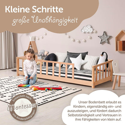 Vloerbed 140x200 met valbescherming incl. lattenbodem voor jongens en meisjes - ook als kinderbed 90x200 - duurzaam kinderbed van grenenhout - Montessori bed (natuur, 140 x 200 cm)