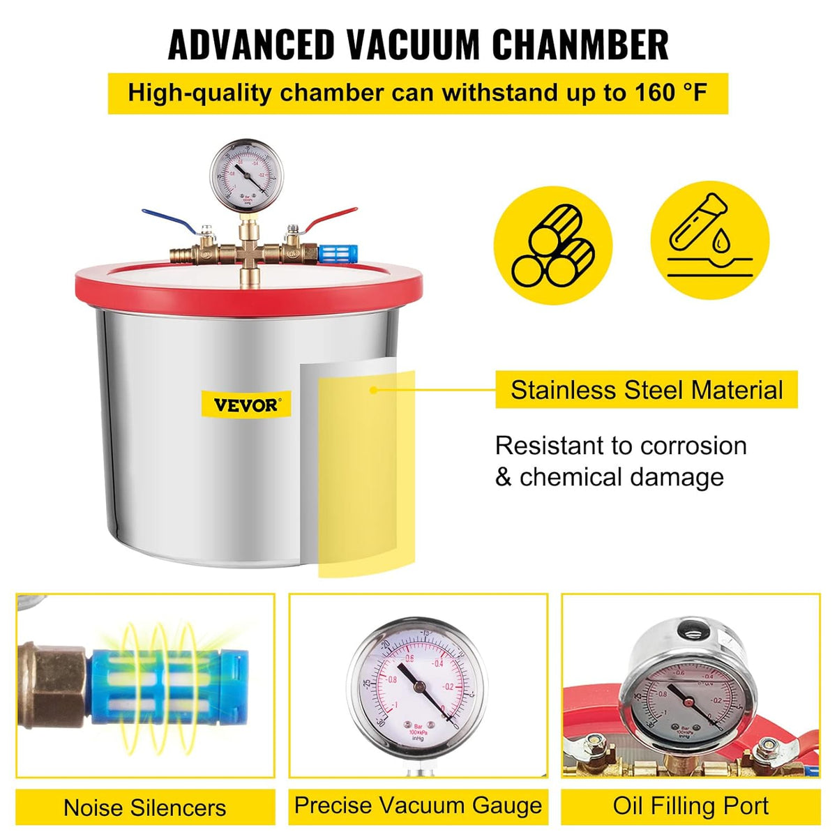 Vacuümpomp – Vacuümmachine – Vacuümgenerator – Vacuüminstallatie – Vacuum Pomp – 7,57L RVS Vacuümkamer – Krachtige 1/3 HP Motor 113,26 L/min