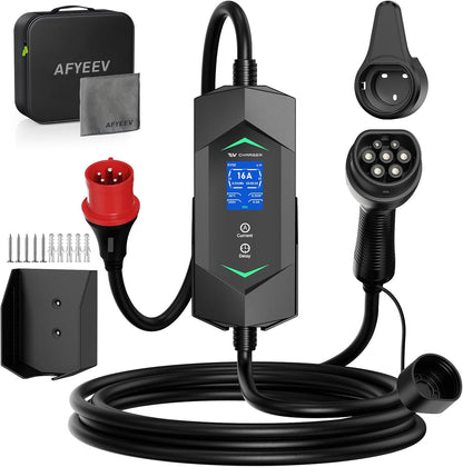 Mobile Wallbox 11 kW 5 m, 6-16 A 3-fasig type 2 oplaadkabel, draagbare EV oplader met digitaal display, instelbare stroom, mobiel laadstation voor elektrische voertuigen
