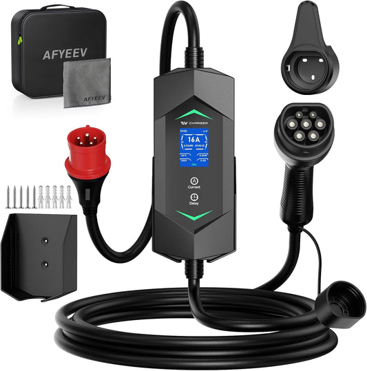 Mobile Wallbox 11 kW 5 m, 6-16 A 3-fasig type 2 oplaadkabel, draagbare EV oplader met digitaal display, instelbare stroom, mobiel laadstation voor elektrische voertuigen