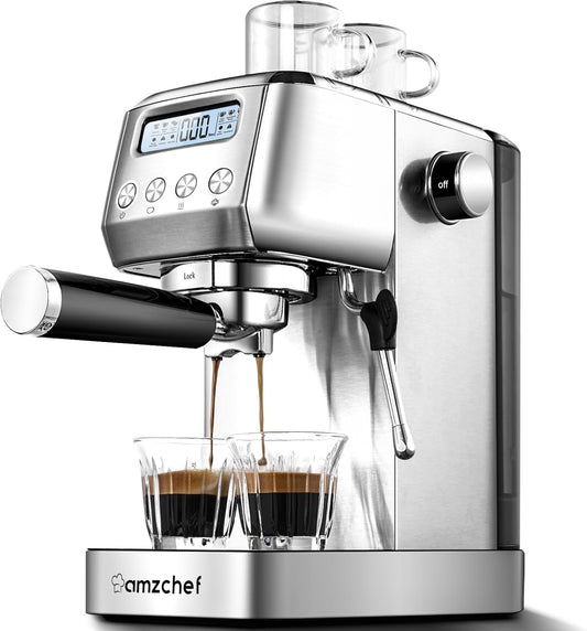 AMZCHEF espressomachine met melkopschuimer | 20 bar portafiltermachine met 2-in-1 portafilter | verwijderbaar waterreservoir 1,3 liter | Koffiezetapparaat met LCD-scherm