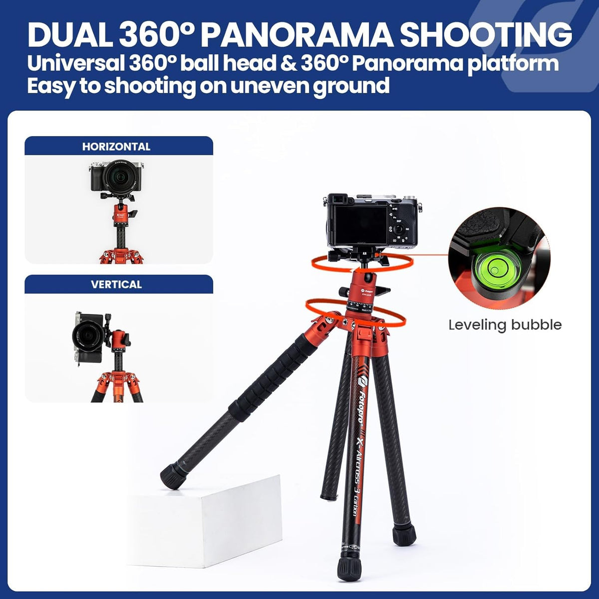 Fotopro 163 cm camerastatief van koolstofvezel met monopod kogelkop 360 1/4 snelontgrendelingsplaat, lichtgewicht reisstatief voor camera, maximale belasting 12 kg, X Aircross 3, oranje